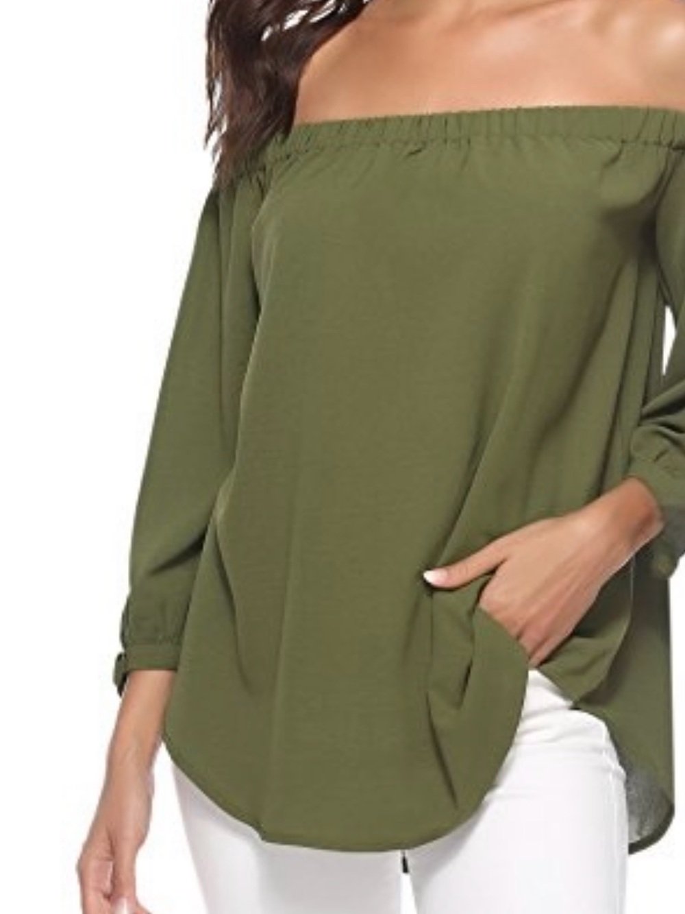 Wishlist Olive Green Gathered Off Shoulder Top Bohemian Elegance Minimalist